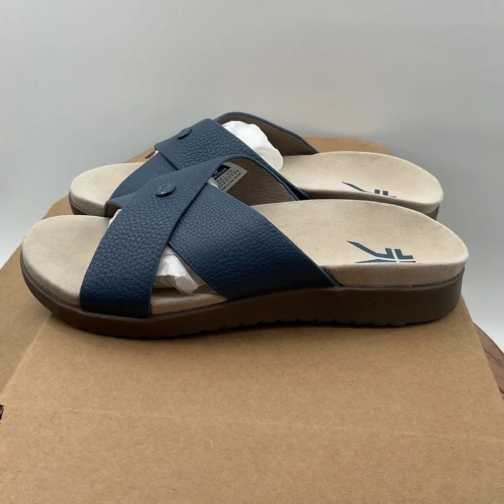 Kuru Footwear Blue Leather Criss Cross Slide Sandals Comfort Arch Support 9M